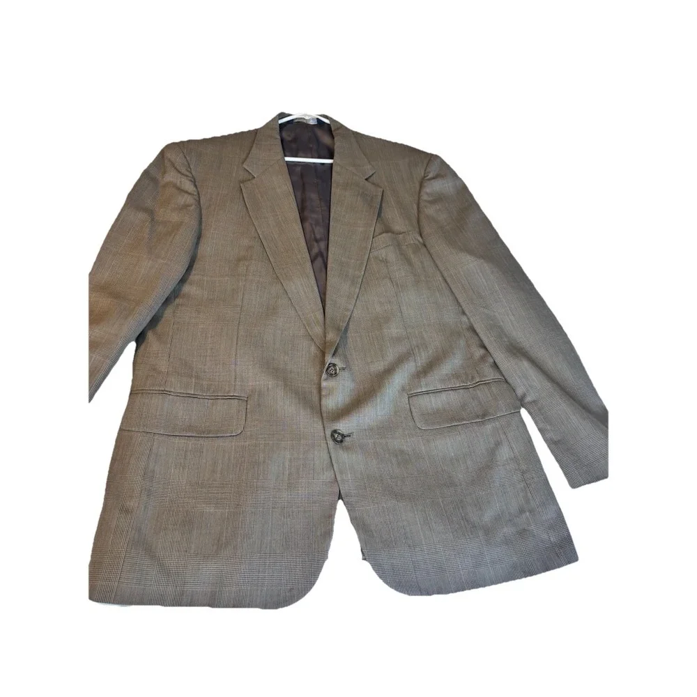 LANDS END Brown Windowpane Wool 2Pc SUIT‎ 44L Pleated Front Pants 36x30